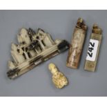 Two Chinese soapstone seals, a similar brush rest and an ivory netsuke