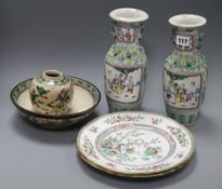 A Chinese crackle glaze bowl and jar, a pair of famille rose vases and two stone china plates