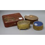 A Japanese red lacquered box, an oval gilt composition box and cover and two gilt boxes largest 18.5