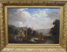 19th century English School, oil on canvas, Castle viewed from the river 46 x 66cm.