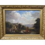 19th century English School, oil on canvas, Castle viewed from the river 46 x 66cm.