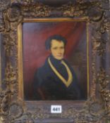 19th century English School, oil on panel, portrait of a gentleman in a library, 24 x 19cm