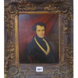 19th century English School, oil on panel, portrait of a gentleman in a library, 24 x 19cm