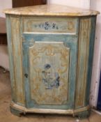 An Italian turquoise painted and decorated corner cupboard W.78cm