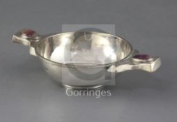 A George V silver quaich with Blue John cabochon set lug handles, by Barker Bros, Birmingham,