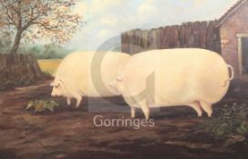 19th century English Schooloil on canvasNaive study of two pigs in a field19 x 29in.