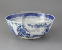 A Chinese blue and white bowl, 19th century, the exterior painted with warriors on horseback, Kangxi