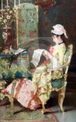 Louis Alvarez Catala (Spanish, 1836-1901)oil on wooden panelInterior with lady reading a newspaper11