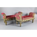 A pair of 17th century style Continental walnut window seats, with cut velvet upholstery and foliate