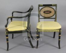 A set of eight Regency style parcel gilt ebonised dining chairs, including two carvers, the caned