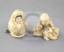 Two Japanese ivory netsukes of a seated woman, Meiji period, the first figure wrapped in a robe,