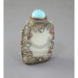 A Chinese pale celadon jade, silver and turquoise and coral mounted snuff bottle, late 19th century,