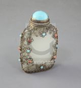 A Chinese pale celadon jade, silver and turquoise and coral mounted snuff bottle, late 19th century,