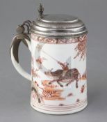 A Chinese export Rouge de fer and gilt porcelain mug, c.1730, with 18th/19th century German silver
