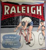 A large Raleigh advertising poster: 'Raleigh World Champion Cycle Five Years out of Six - Let