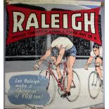 A large Raleigh advertising poster: 'Raleigh World Champion Cycle Five Years out of Six - Let