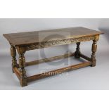 A 19th century James I style oak refectory table, with baluster legs and all round stretchers, W.6ft