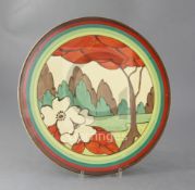 A Clarice Cliff Limberlost pattern circular wall plaque, c.1931, the border banded in matching