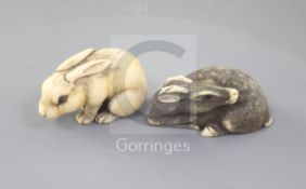 Two Japanese ivory netsuke of a hare and a recumbent deer, 18th/19th century, the hare with horn