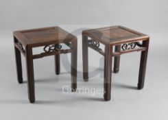 A pair of Chinese hongmu square tables, 19th century, with moulded edges and legs with scrolled