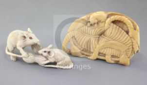 A Japanese ivory okimono of rats and an ivory netsuke of rats on a mat, 19th/early 20th century,