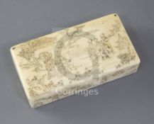 A Chinese engraved ivory box, Qing dynasty, decorated with noble figures in landscapes to the