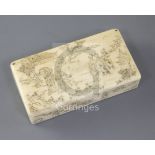 A Chinese engraved ivory box, Qing dynasty, decorated with noble figures in landscapes to the