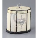 A Regency ten sided inlaid ivory tea caddy, with silver and mother of pearl inset decoration, height