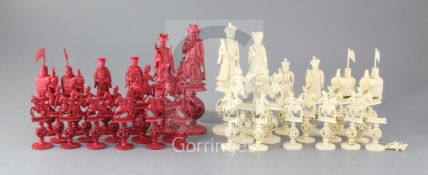 A 19th century Cantonese ivory chess set, with puzzle ball stands, king 7in.