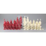 A 19th century Cantonese ivory chess set, with puzzle ball stands, king 7in.