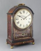 An early 19th century mahogany brass inlaid single pad topped bracket clock, with 8 inch repainted