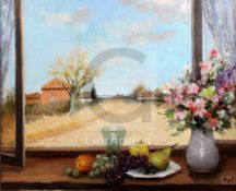 § Marcel Dyf (1899-1985)oil on canvasFruit and flowers on a window sill, a farm landscape beyond