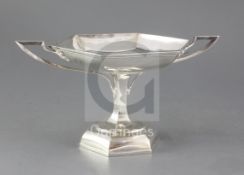 A stylish George V Art Nouveau silver two handled hexagonal tazza, by Walker & Hall, on panelled