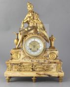 A 19th century French ormolu mounted Sienna marble mantel clock, surmounted by a figure group of the