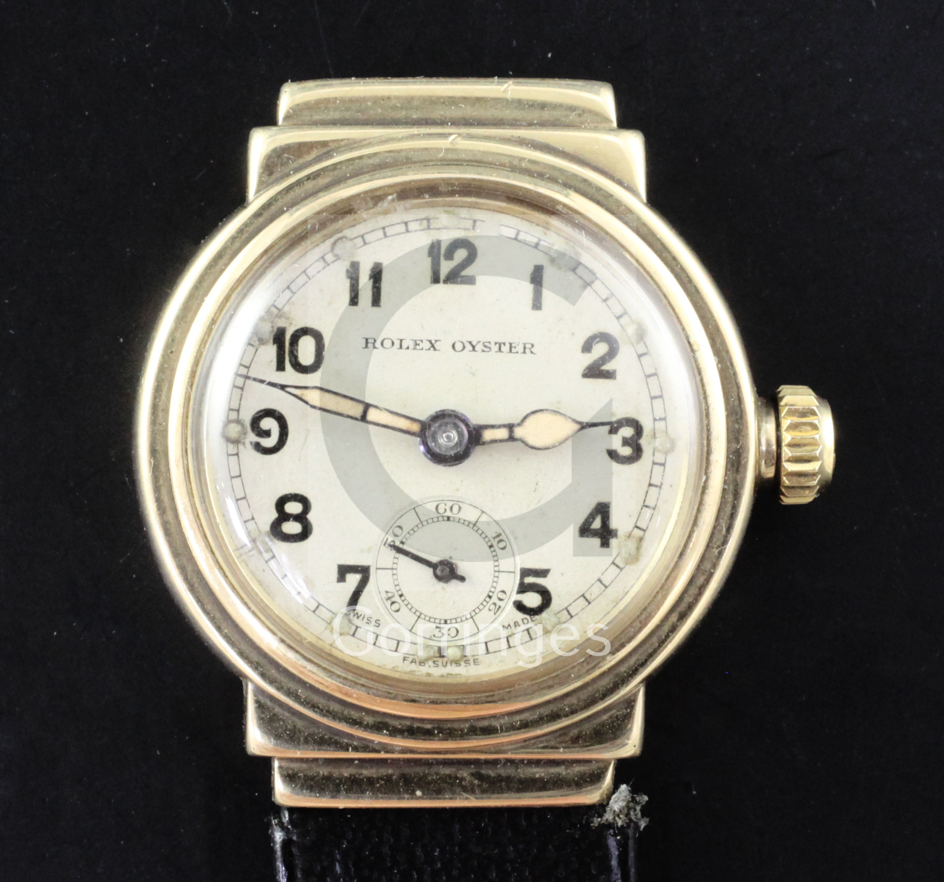 A gentleman's 1930's 9ct gold boy's size Rolex Oyster manual wind wrist watch, with Arabic dial