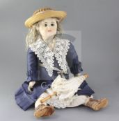 A Rabery et Delphieu bisque headed doll, marked 'R 2 D', with pale blue fixed eyes, closed mouth and