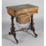 A Victorian figured walnut and Tunbridgeware combined games and work table, inset with a view of a