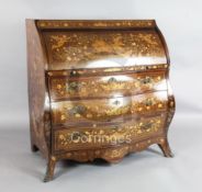 A 19th century Dutch walnut and marquetry bombe cylinder bureau, decorated with a chariot and