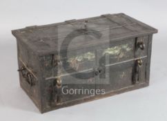 An 18th century German 'Armada' chest, with ornate locking mechanism, the front painted with