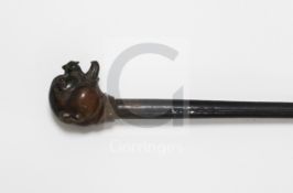 A Victorian rhinoceros horn handled 'mastiff' walking stick, late 19th century, ebonised shaft,
