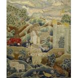 An 18th century needlework panel depicting a shepherdess in a landscape, 26.5 x 22in.