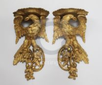 A pair of Chippendale style giltwood eagle wall brackets each perched upon floral rococo scrolls W.