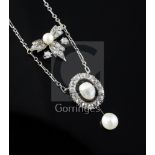 An Edwardian gold and silver, diamond and cultured? pearl drop necklace, with bug motif and set with