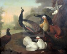 Follower Marmaduke Craddock (1660-1717)oil on canvasPeacock and exotic poultry in a landscape24.5