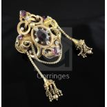 A Victorian gold, garnet, gem and split pearl set tassel drop pendant brooch, overall 8.2cm.