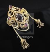 A Victorian gold, garnet, gem and split pearl set tassel drop pendant brooch, overall 8.2cm.