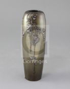 A Japanese silver overlaid bronze vase, Hattori, decorated with trailing flowers, engraved monogram,