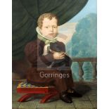 Continental Schooloil on canvasPortrait of a seated child holding a lap dogindistinctly signed31 x