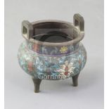 A Chinese cloisonne enamel miniature tripod censer, ding, 19th century, decorated with lotus flowers