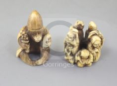 Two Japanese ivory netsuke, 19th century, the first modelled as a monkey dressed as a priest and